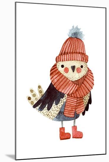 Little Cute Bullfinch with Winter Hat and Scarf.Watercolor Hand Drawn Kids Illustration. Christmas-Maria Sem-Mounted Art Print