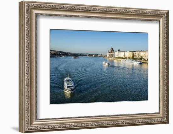 Little Ferries on the River Danube in Front of the Panorama of Pest, Budapest, Hungary, Europe-Michael Runkel-Framed Photographic Print