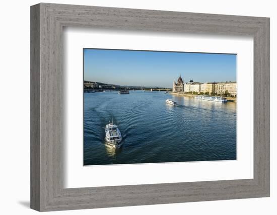 Little Ferries on the River Danube in Front of the Panorama of Pest, Budapest, Hungary, Europe-Michael Runkel-Framed Photographic Print