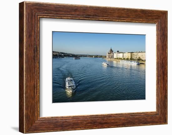 Little Ferries on the River Danube in Front of the Panorama of Pest, Budapest, Hungary, Europe-Michael Runkel-Framed Photographic Print