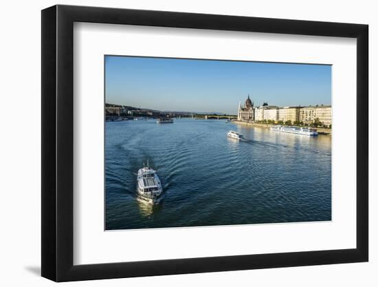 Little Ferries on the River Danube in Front of the Panorama of Pest, Budapest, Hungary, Europe-Michael Runkel-Framed Photographic Print