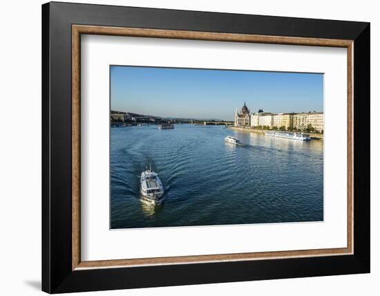 Little Ferries on the River Danube in Front of the Panorama of Pest, Budapest, Hungary, Europe-Michael Runkel-Framed Photographic Print
