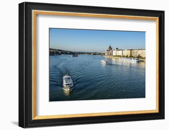 Little Ferries on the River Danube in Front of the Panorama of Pest, Budapest, Hungary, Europe-Michael Runkel-Framed Photographic Print