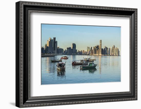 Little fishing boats and the skyline of Panama City, Panama, Central America-Michael Runkel-Framed Photographic Print