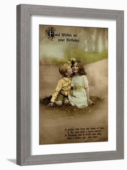 Little Girl and Boy on Birthday Postcard-null-Framed Art Print