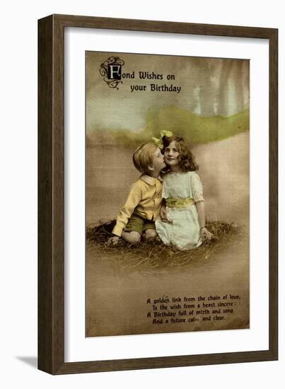 Little Girl and Boy on Birthday Postcard-null-Framed Art Print