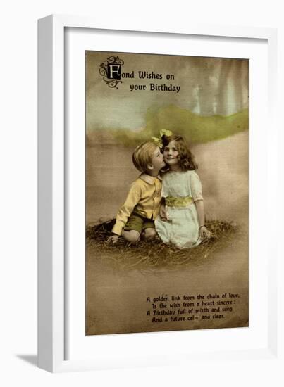 Little Girl and Boy on Birthday Postcard-null-Framed Art Print