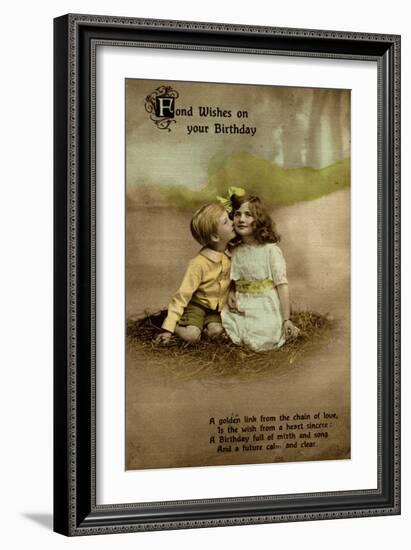 Little Girl and Boy on Birthday Postcard-null-Framed Art Print