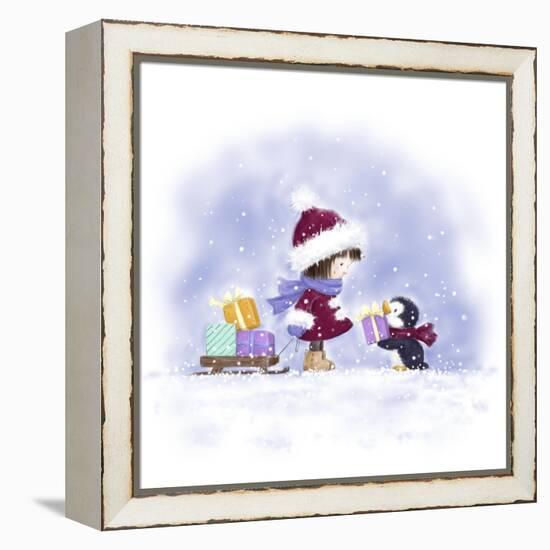 Little Girl and Penguin 2-MAKIKO-Framed Premier Image Canvas