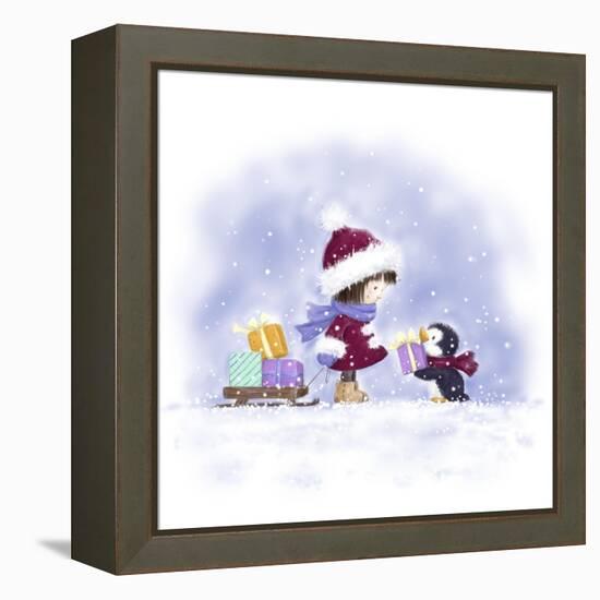 Little Girl and Penguin 2-MAKIKO-Framed Premier Image Canvas