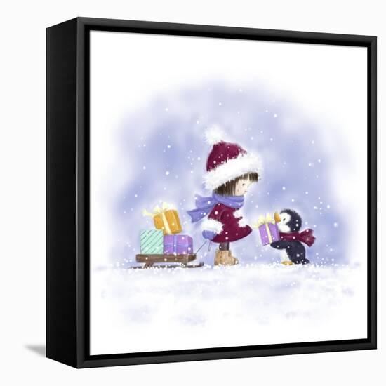 Little Girl and Penguin 2-MAKIKO-Framed Premier Image Canvas