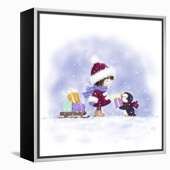 Little Girl and Penguin 2-MAKIKO-Framed Premier Image Canvas