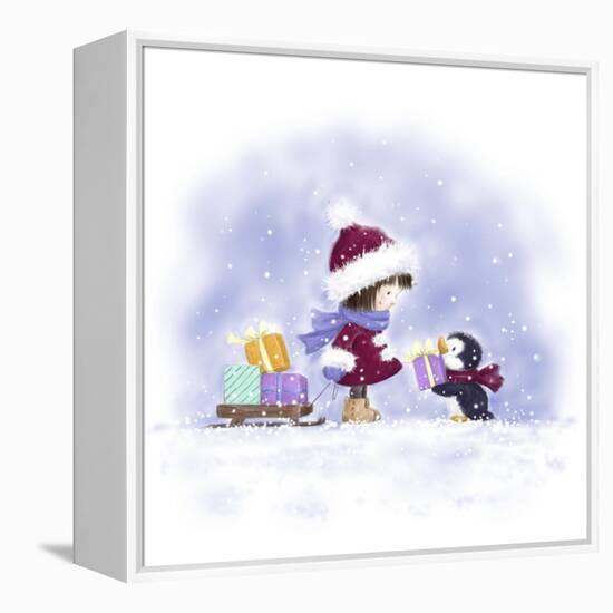 Little Girl and Penguin 2-MAKIKO-Framed Premier Image Canvas