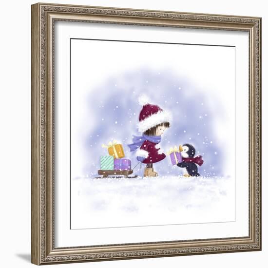 Little Girl and Penguin 2-MAKIKO-Framed Giclee Print