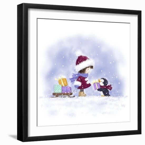 Little Girl and Penguin 2-MAKIKO-Framed Giclee Print