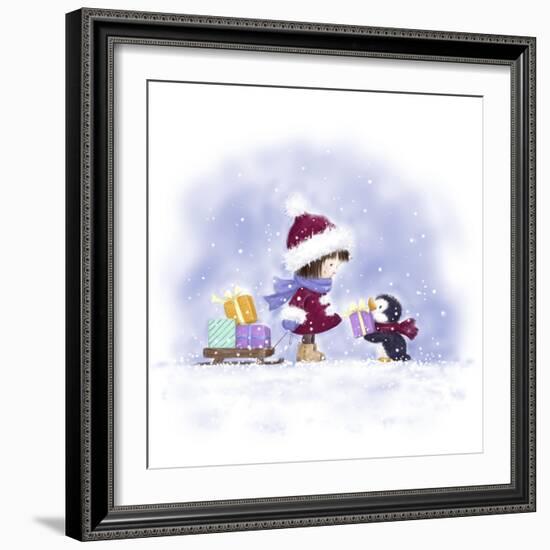 Little Girl and Penguin 2-MAKIKO-Framed Giclee Print