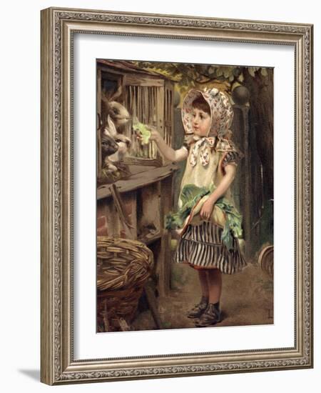 Little Girl Feeding Rabbits-null-Framed Giclee Print