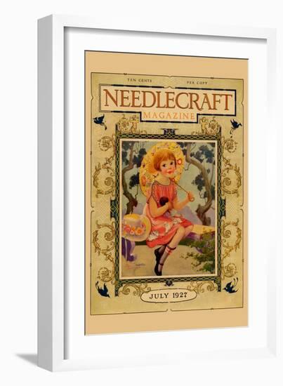 Little Girl Holds a Doll and Sports and Umbrella-Needlecraft Magazine-Framed Art Print