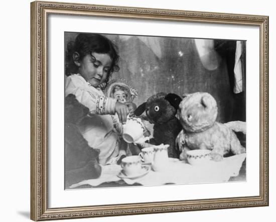 Little Girl Hosts a Tea Party, Three Bears and a Doll Attend-null-Framed Photographic Print