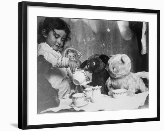 Little Girl Hosts a Tea Party, Three Bears and a Doll Attend-null-Framed Photographic Print