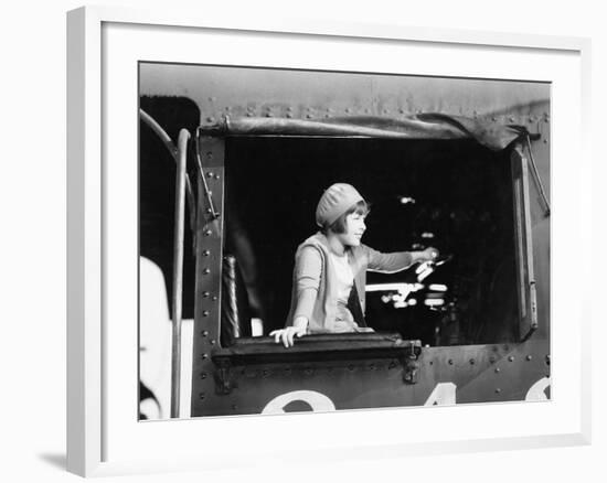 Little Girl in a Beret Driving a Train-null-Framed Photo
