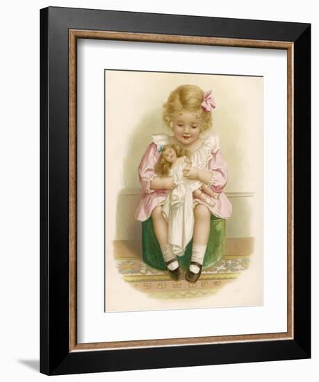 Little Girl in a Pink Dress with a Pink Ribbon in Her Hair Dresses Her Doll-Ida Waugh-Framed Art Print