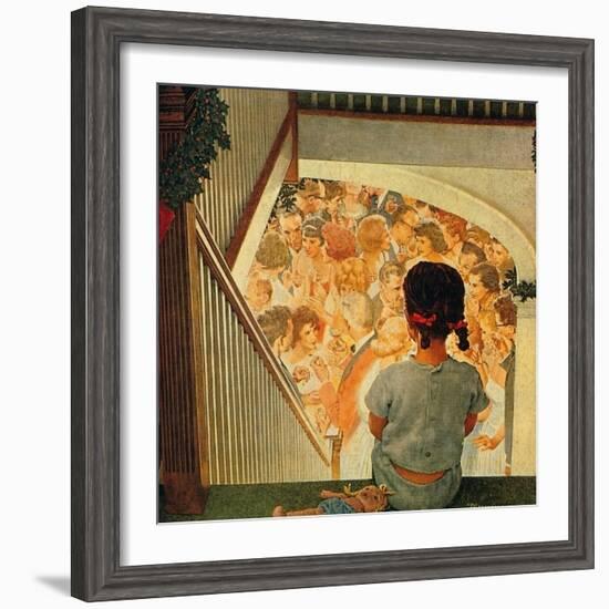 Little Girl Looking Downstairs at Christmas Party-Norman Rockwell-Framed Giclee Print