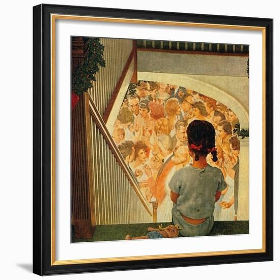 Little Girl Looking Downstairs at Christmas Party-Norman Rockwell-Framed Giclee Print