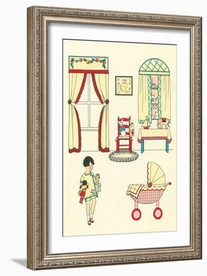 Little Girl, Pram, Neat House-null-Framed Art Print