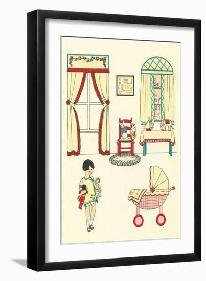 Little Girl, Pram, Neat House-null-Framed Art Print
