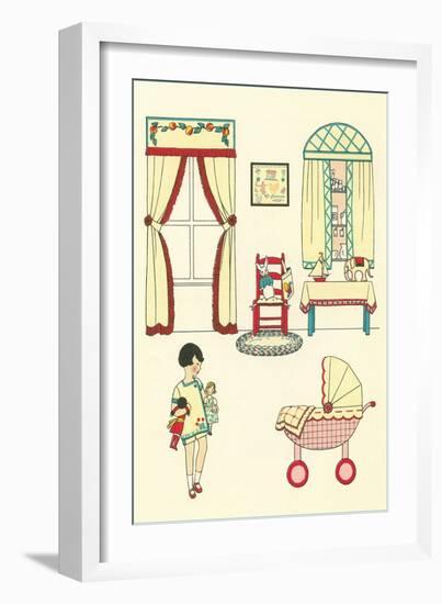 Little Girl, Pram, Neat House-null-Framed Art Print