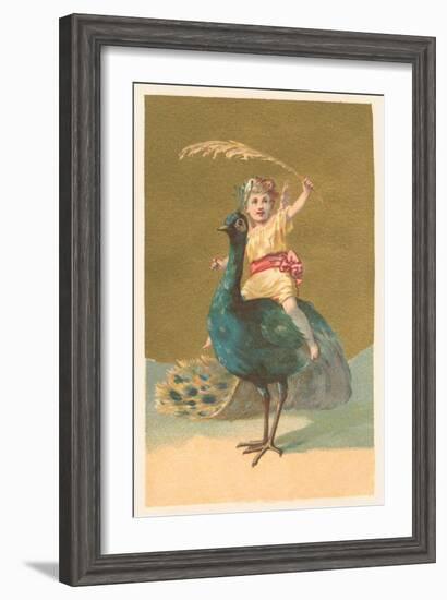 Little Girl Riding Peacock-null-Framed Art Print