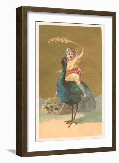 Little Girl Riding Peacock-null-Framed Art Print