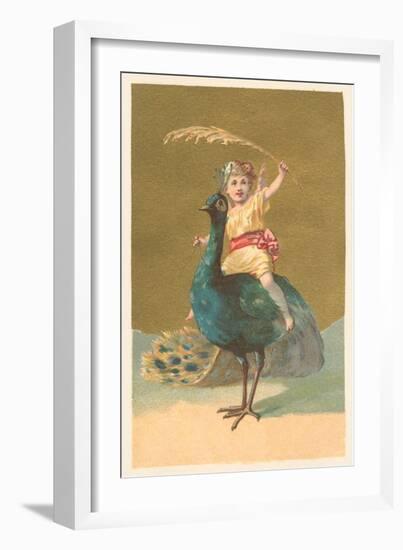 Little Girl Riding Peacock-null-Framed Art Print