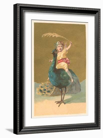 Little Girl Riding Peacock-null-Framed Art Print