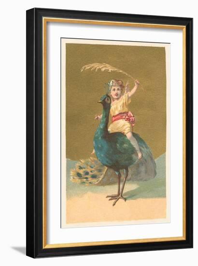 Little Girl Riding Peacock-null-Framed Art Print