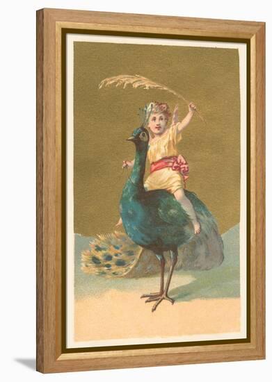 Little Girl Riding Peacock-null-Framed Stretched Canvas