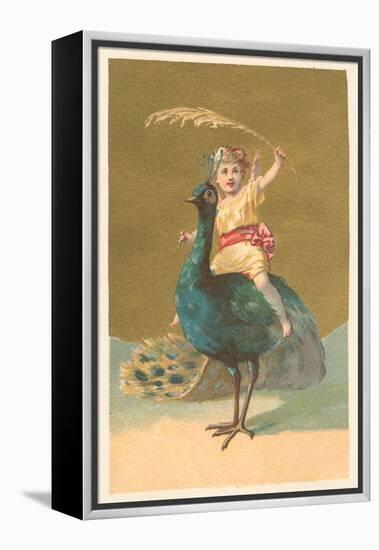 Little Girl Riding Peacock-null-Framed Stretched Canvas