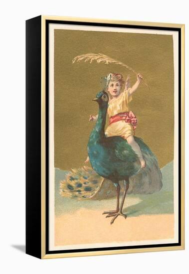 Little Girl Riding Peacock-null-Framed Stretched Canvas
