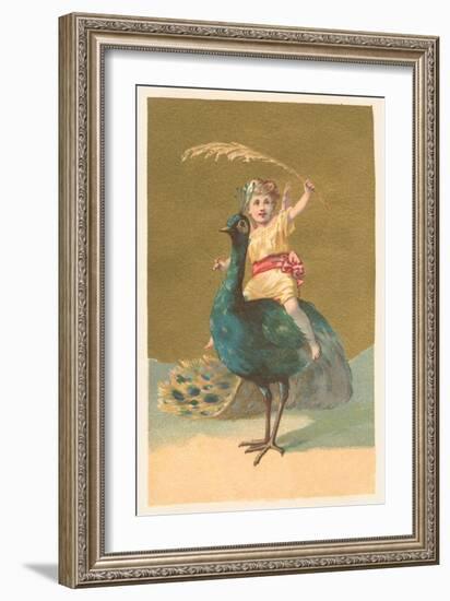 Little Girl Riding Peacock-null-Framed Premium Giclee Print