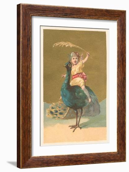 Little Girl Riding Peacock-null-Framed Premium Giclee Print