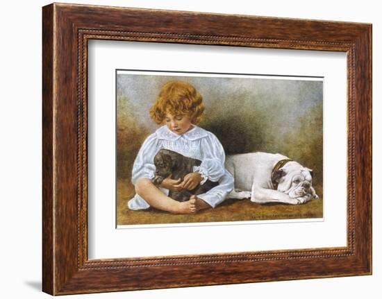 Little Girl Sits with a White Bulldog and Cuddles a Puppy-null-Framed Photographic Print