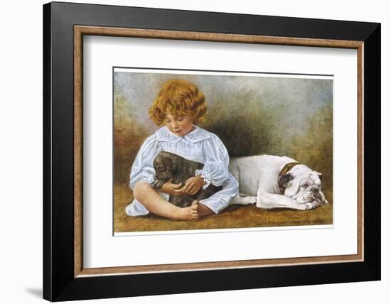 Little Girl Sits with a White Bulldog and Cuddles a Puppy-null-Framed Photographic Print