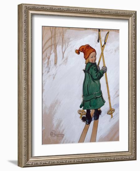 Little Girl Skiing, 1897 watercolor on paper-Carl Larsson-Framed Giclee Print