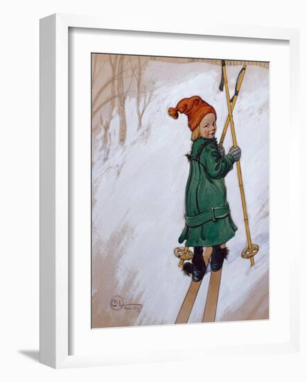 Little Girl Skiing, 1897 watercolor on paper-Carl Larsson-Framed Giclee Print