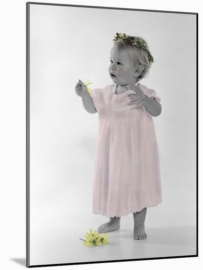 Little Girl Standing with Ring of Flowers on Head Holding Another Flower-Nora Hernandez-Mounted Giclee Print