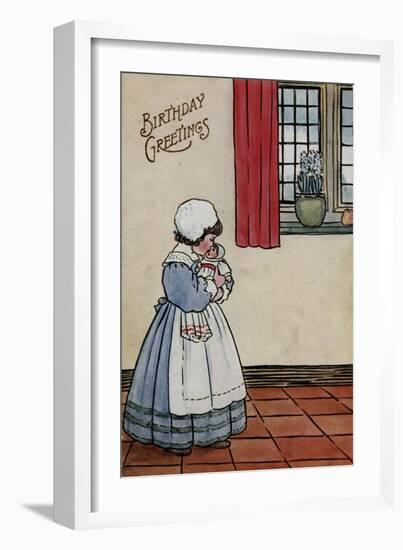 Little Girl with Doll on a Birthday Postcard-null-Framed Premium Giclee Print