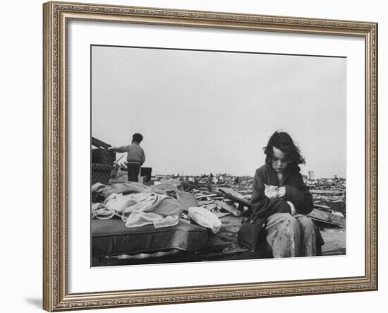 Little Girl with Her Kitten and Brother Looking on at Wreckage After Tornado-Grey Villet-Framed Photographic Print