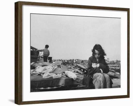 Little Girl with Her Kitten and Brother Looking on at Wreckage After Tornado-Grey Villet-Framed Photographic Print