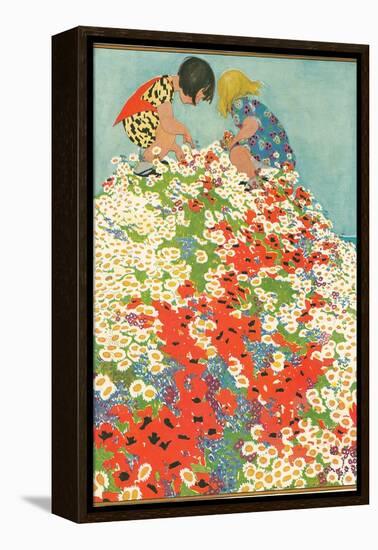 Little Girls in Field of Flowers-null-Framed Stretched Canvas